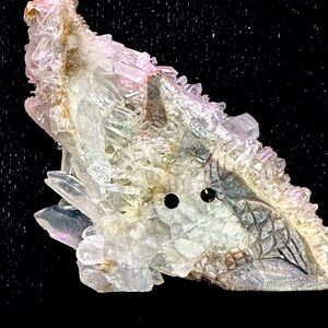Crystal quartz with points and onyx eyes OWL carving..